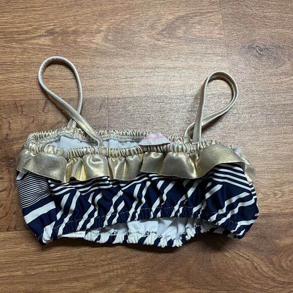 Tommy Bahama Girls Blue White Metallic Gold Striped Ruffled Bikini Top Size 7 - Picture 2 of 6